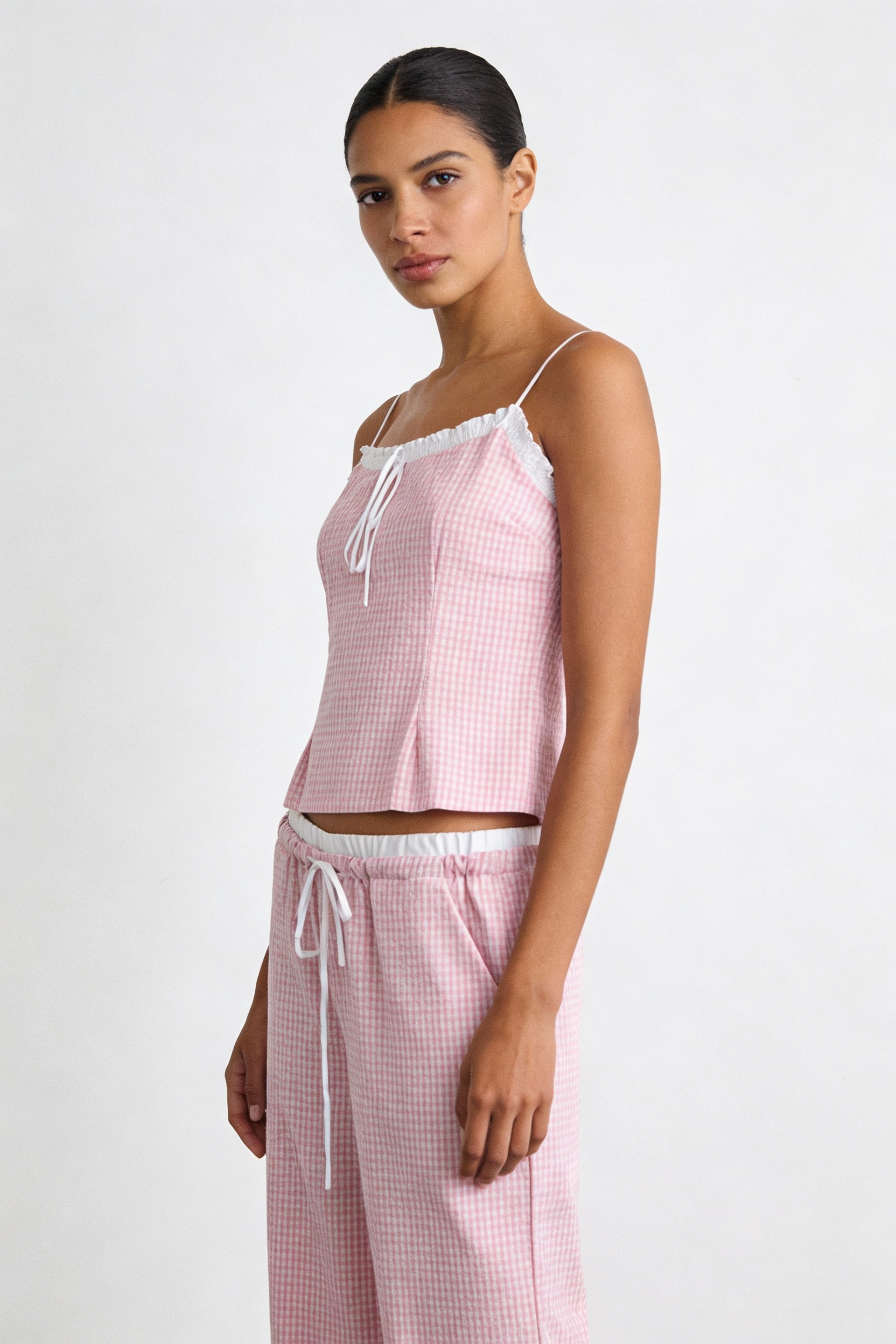 Gingham Lace-Trim Cami & Wide-Leg Pant Set