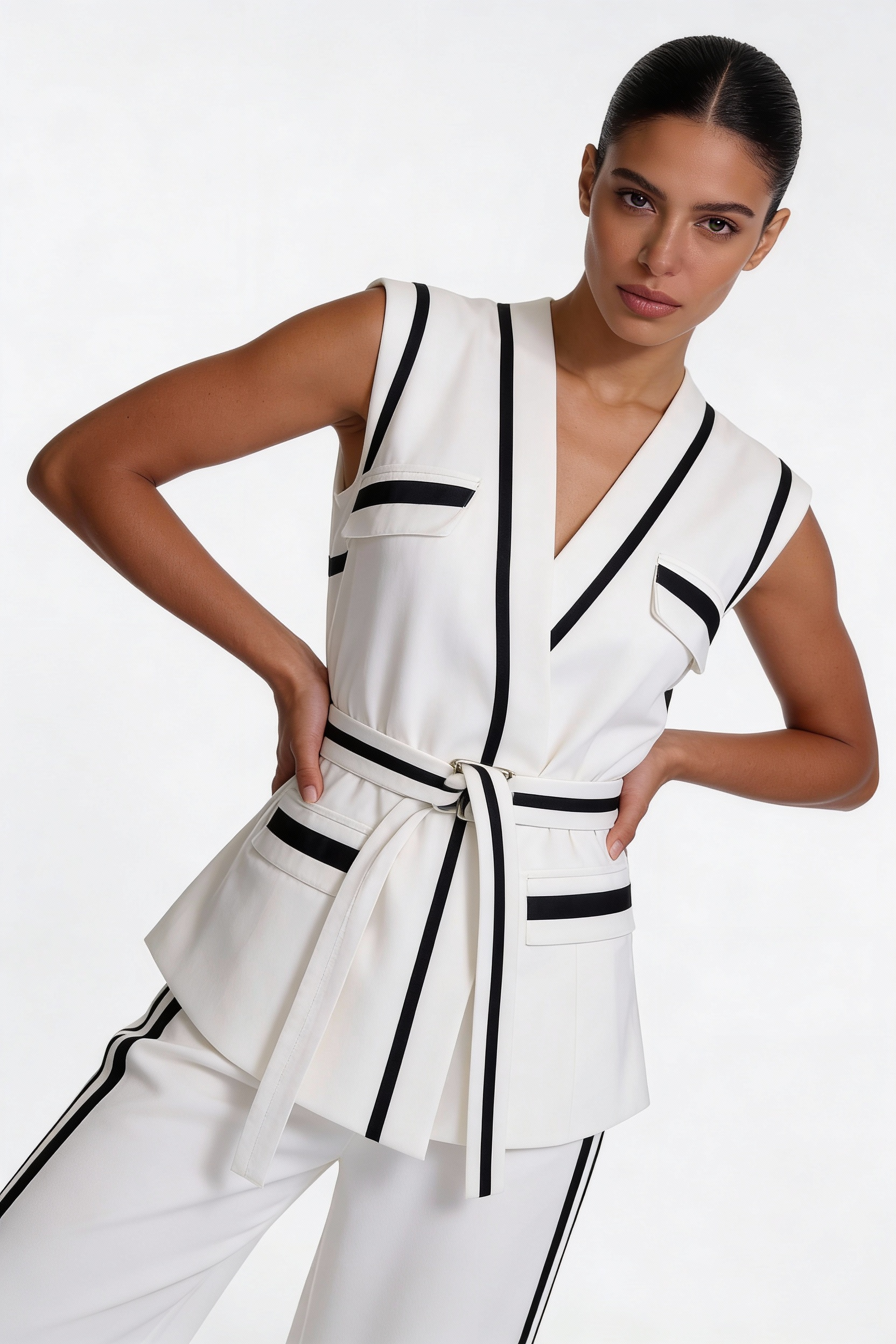 Contrast Trim Belted Vest & Pant Set