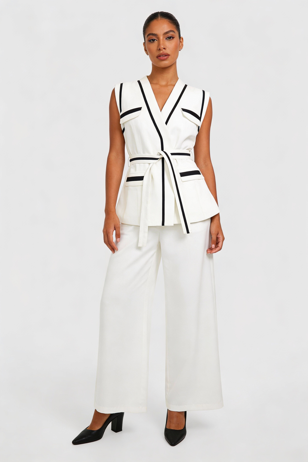 Contrast Trim Belted Vest & Pant Set