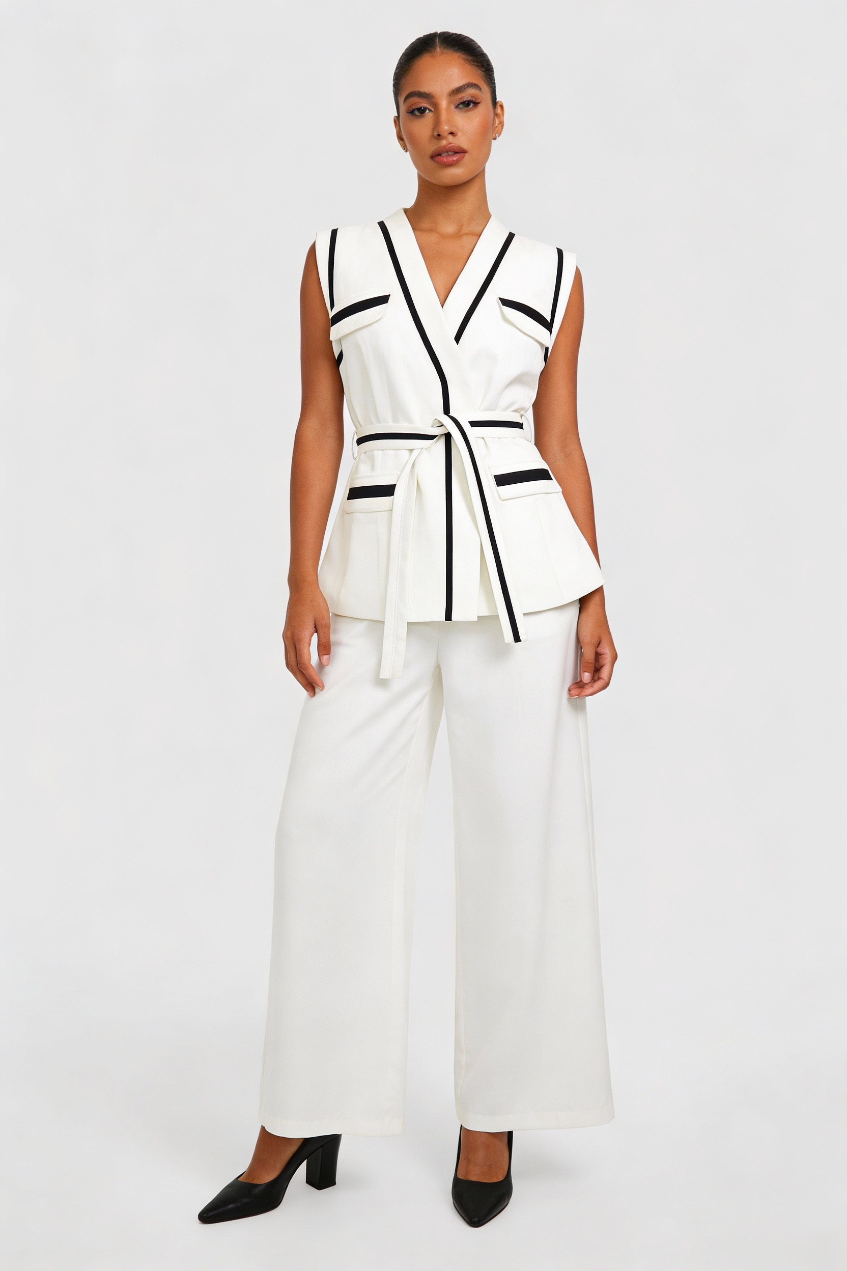 Contrast Trim Belted Vest & Pant Set
