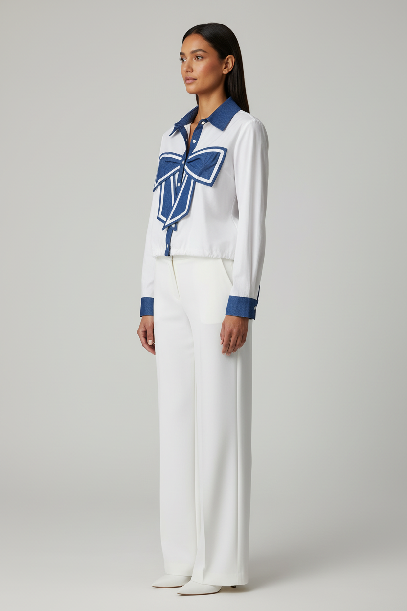 Contrast Denim Bow Accent Shirt