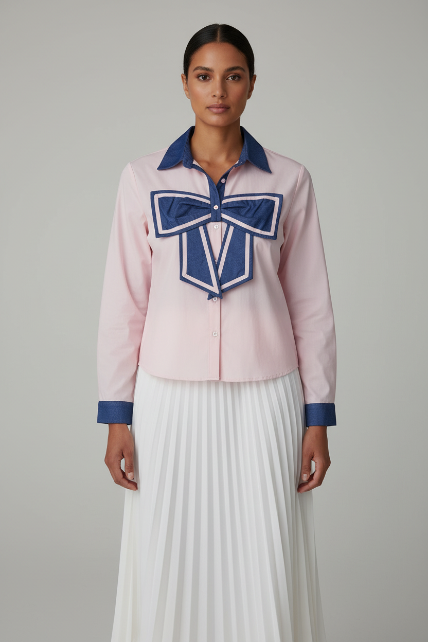Contrast Denim Bow Accent Shirt