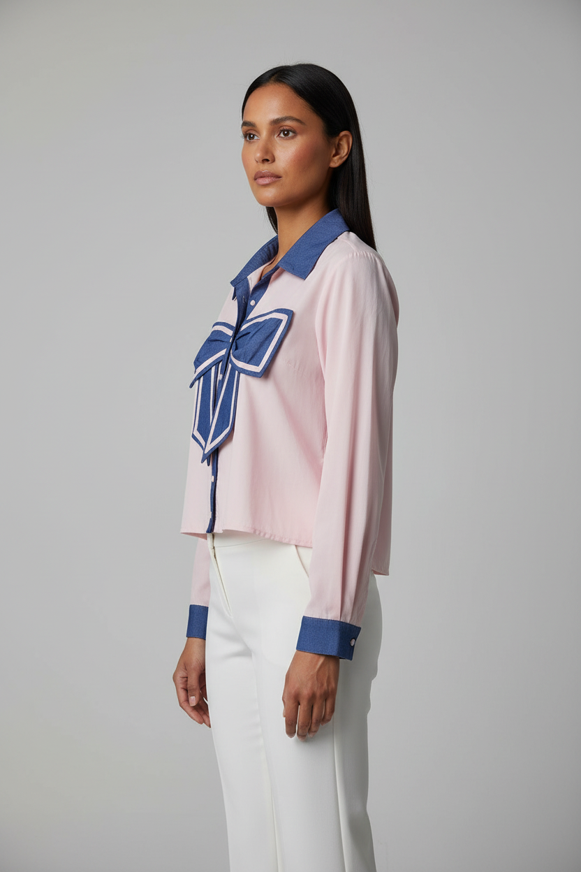 Contrast Denim Bow Accent Shirt
