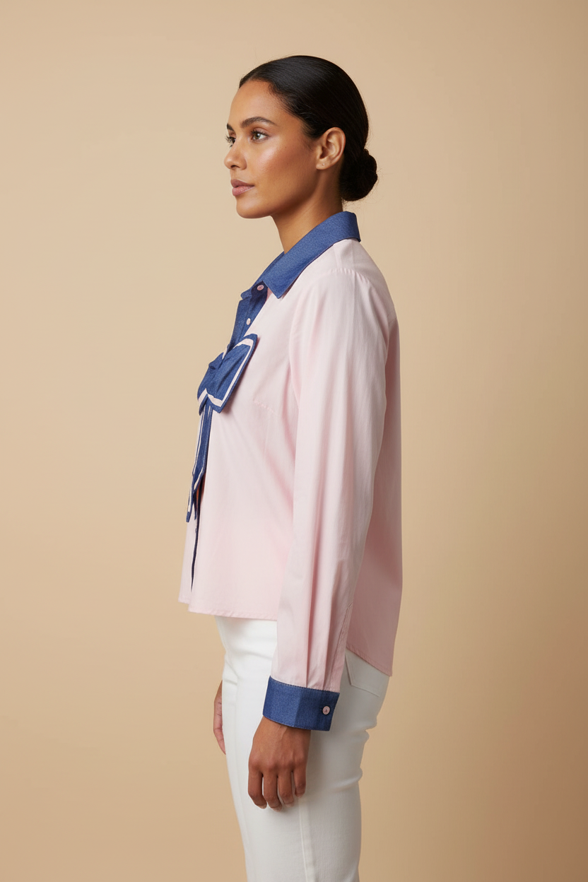 Contrast Denim Bow Accent Shirt