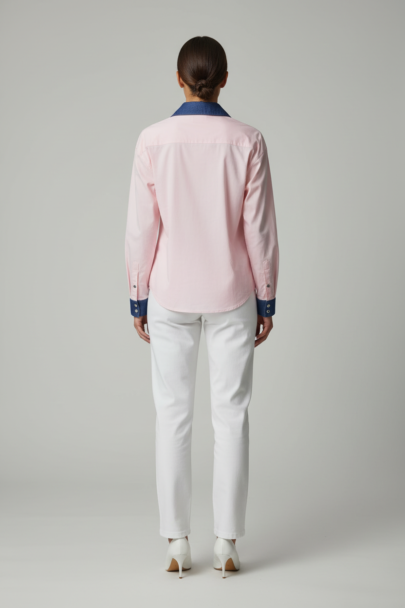 Contrast Denim Bow Accent Shirt