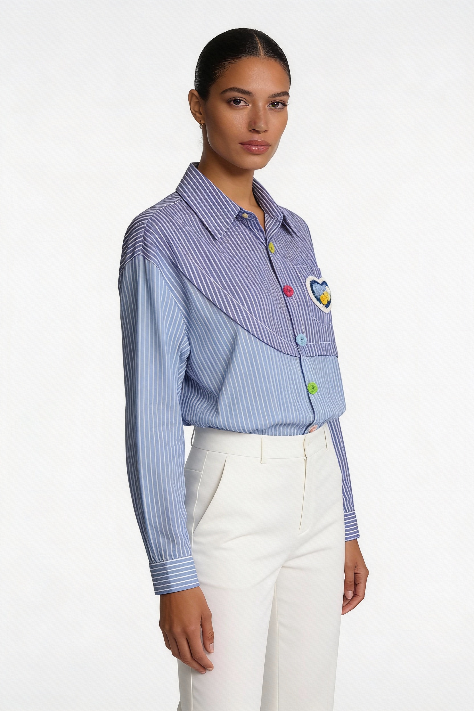 Patchwork Stripe Heart Button-Down Shirt