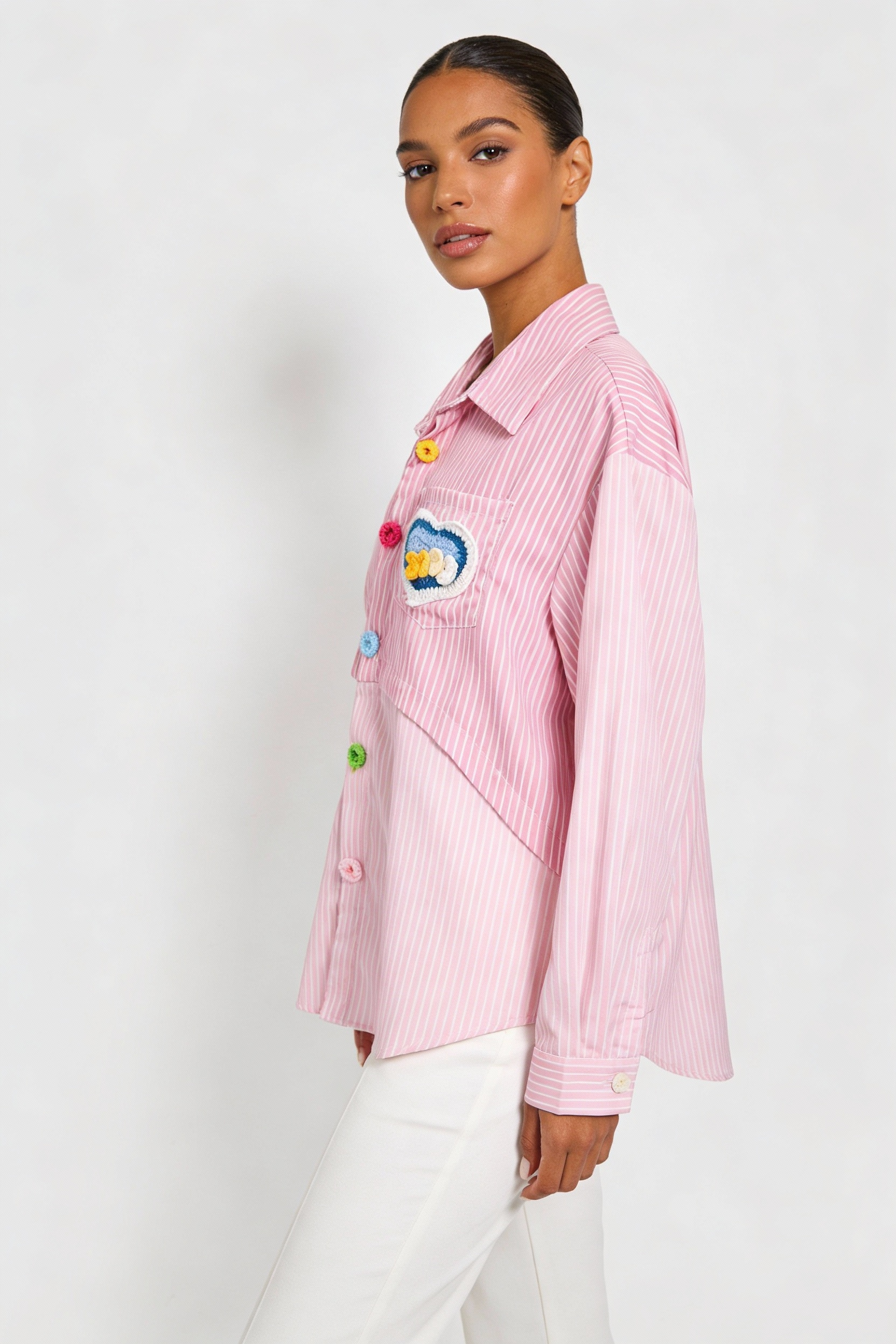 Patchwork Stripe Heart Button-Down Shirt