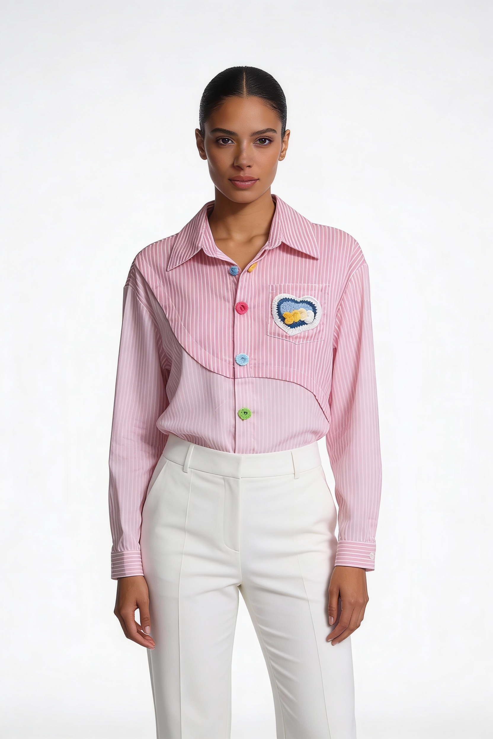 Patchwork Stripe Heart Button-Down Shirt