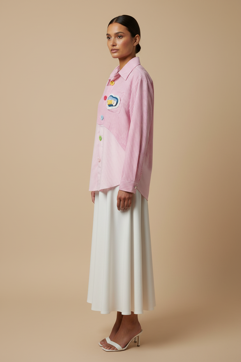 Patchwork Stripe Heart Button-Down Shirt