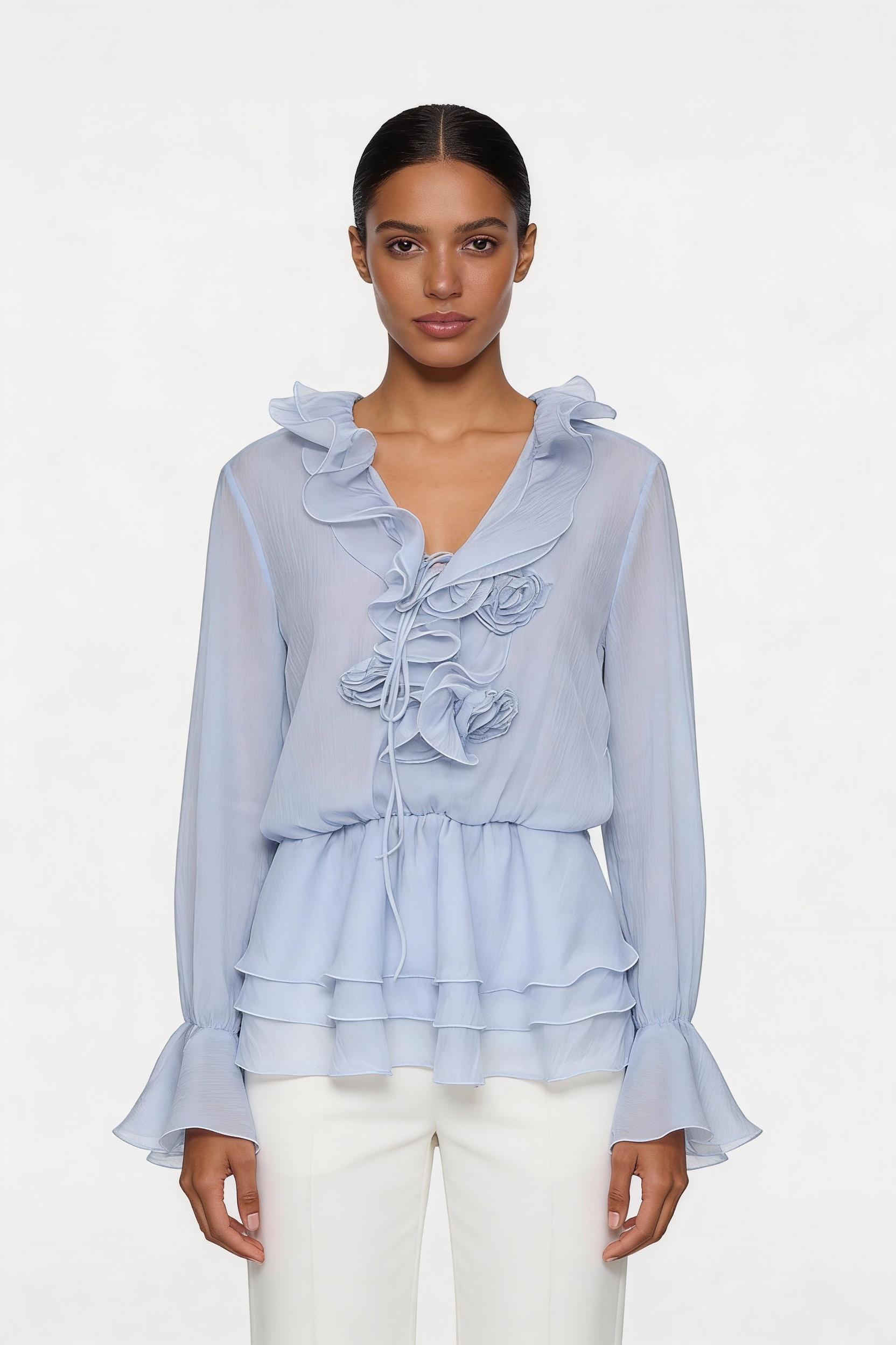 Ruffle Tiered Rosette Peplum Blouse