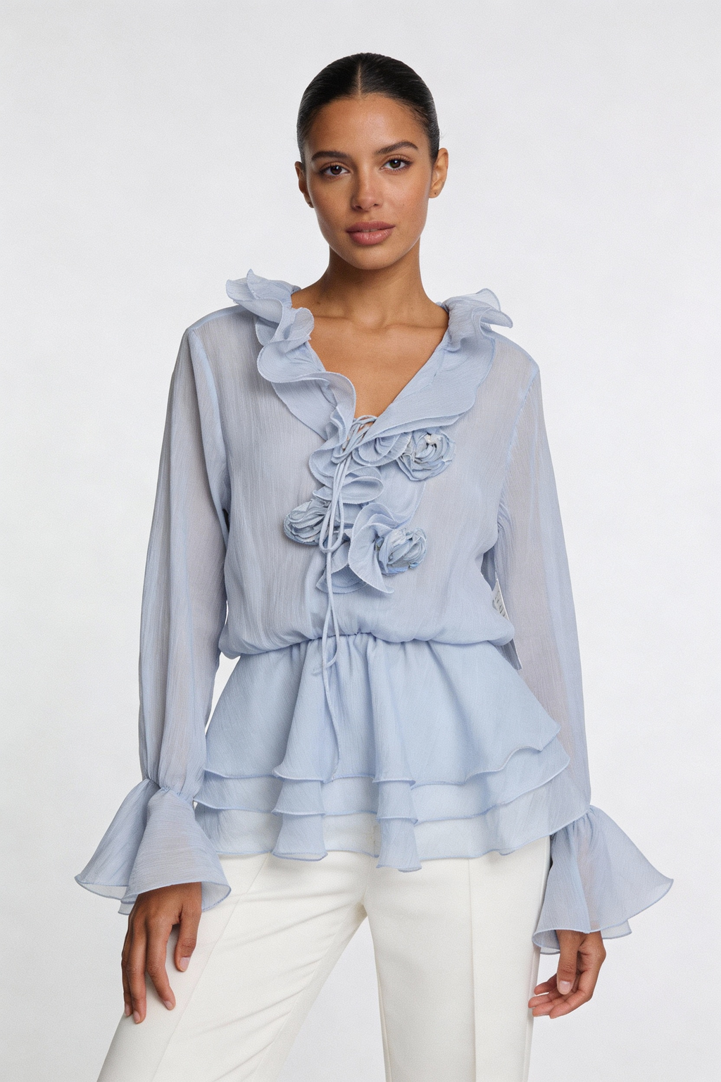 Ruffle Tiered Rosette Peplum Blouse