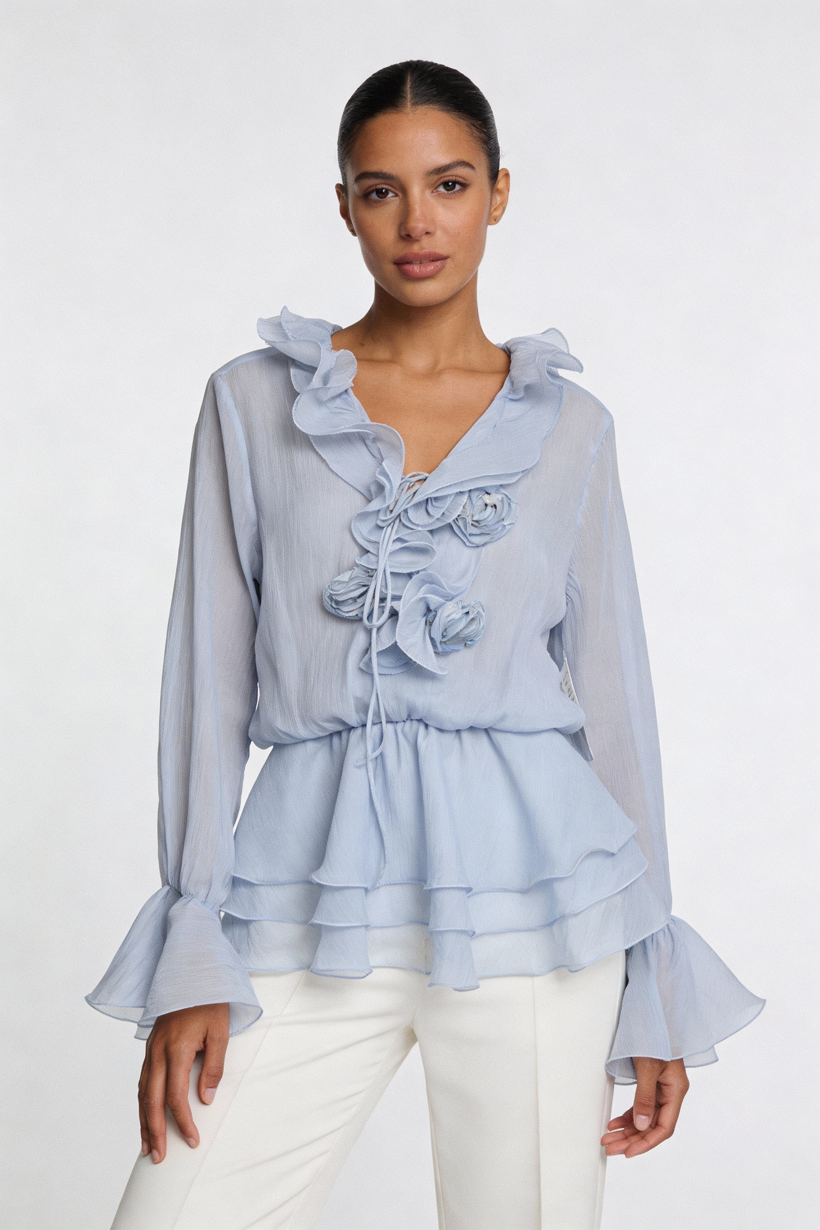Ruffle Tiered Rosette Peplum Blouse