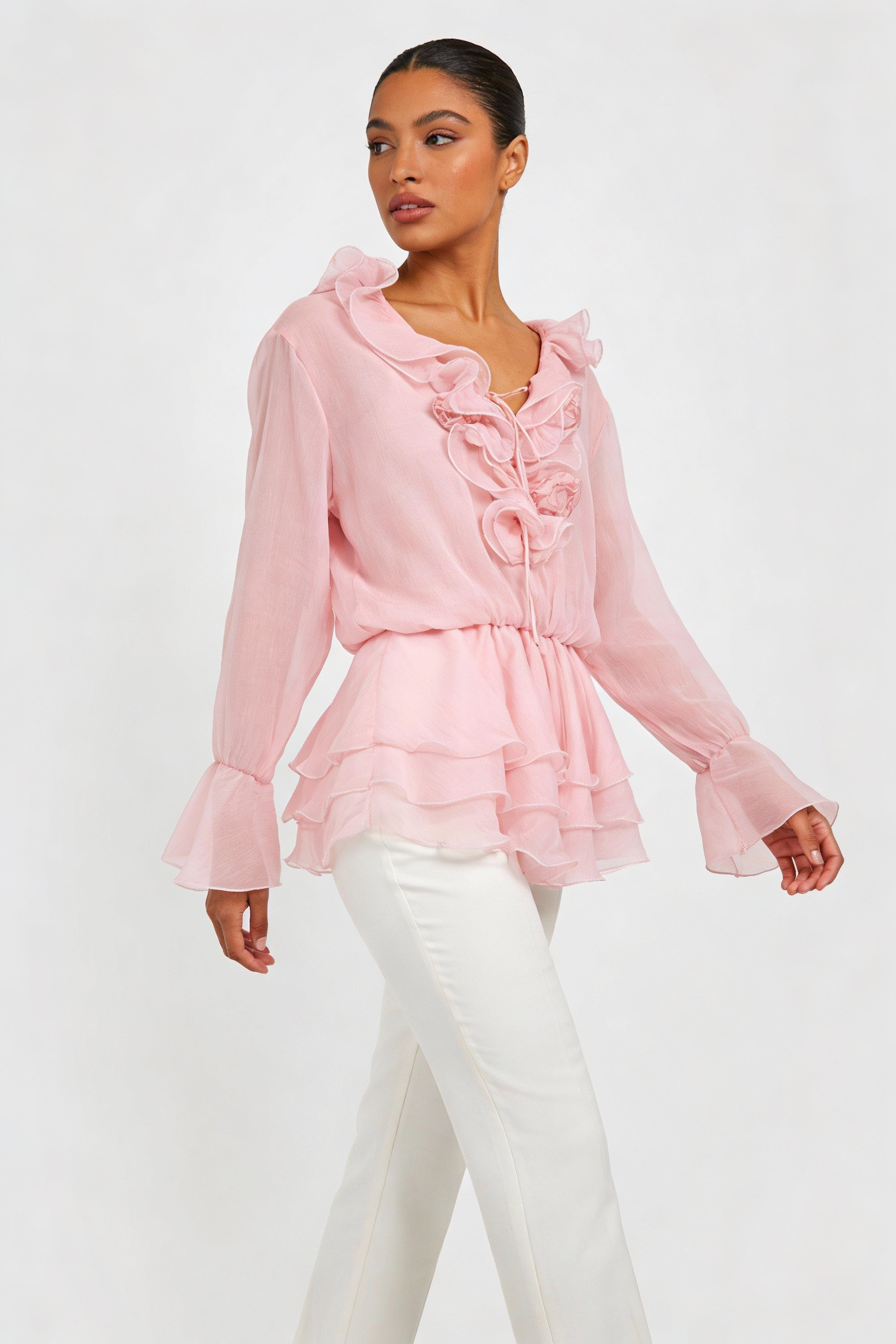 Ruffle Tiered Rosette Peplum Blouse