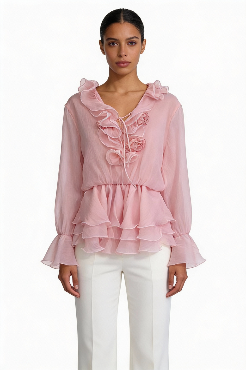 Ruffle Tiered Rosette Peplum Blouse