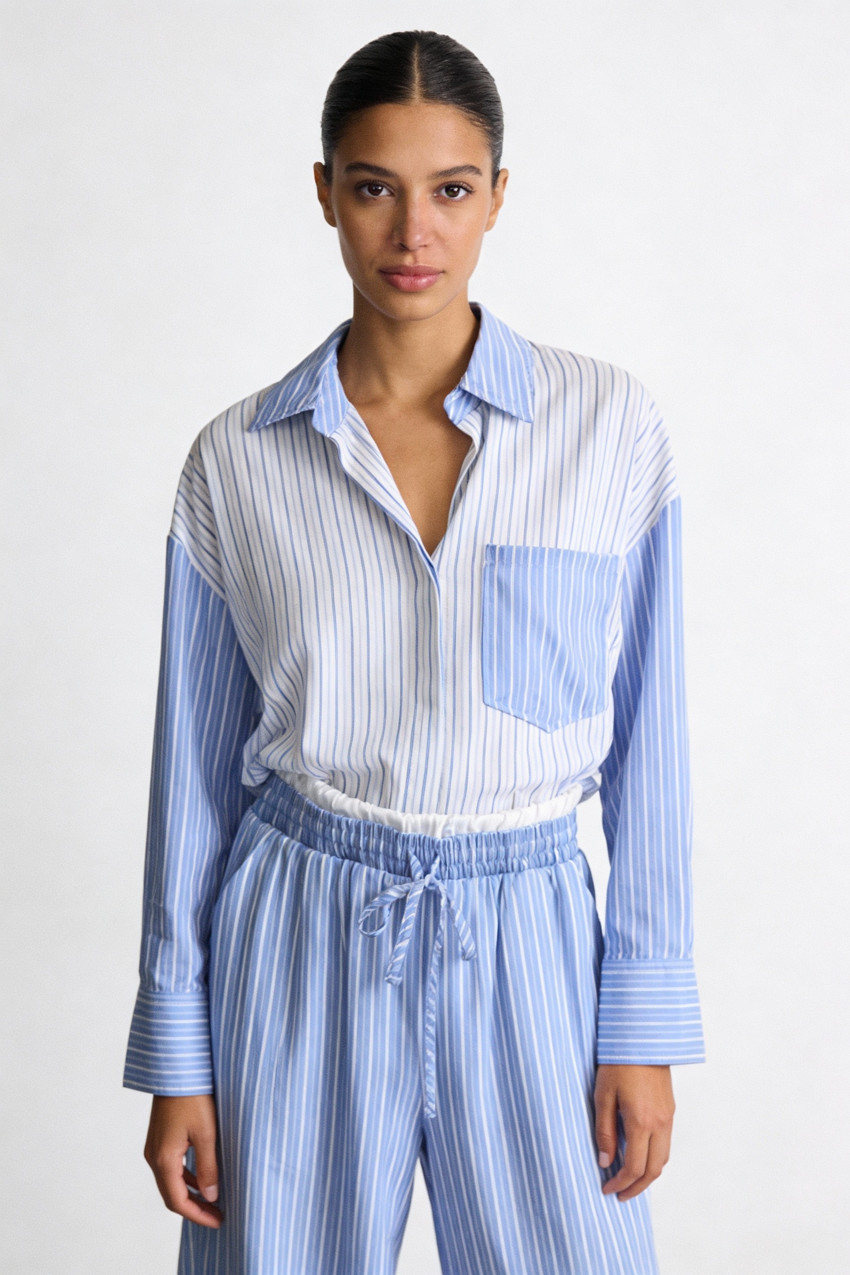 Mixed Stripe Color-Block Shirt & Pant Set