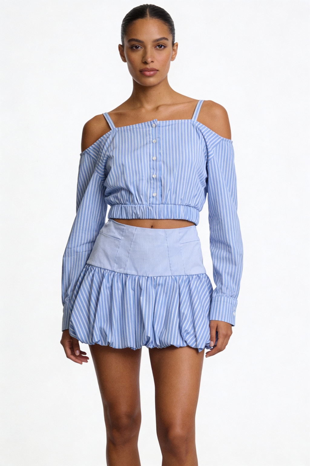 Striped Off-Shoulder Top & Bubble Skirt Set