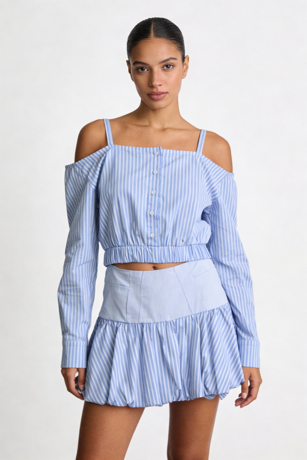 Striped Off-Shoulder Top & Bubble Skirt Set