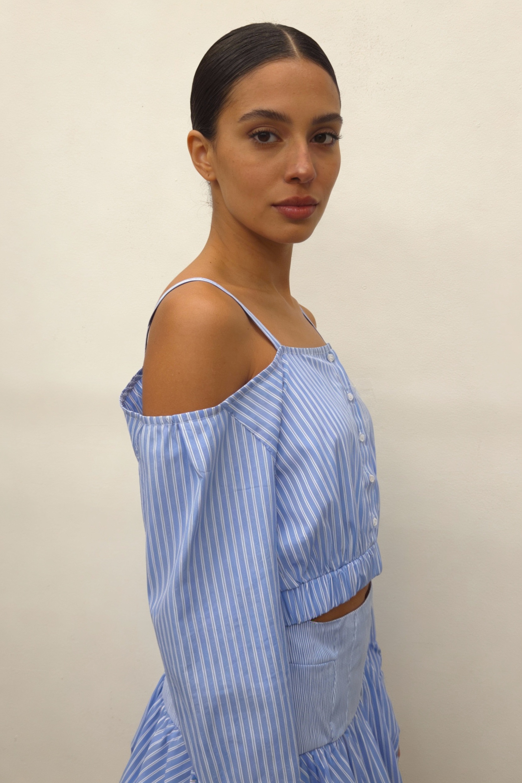 Striped Off-Shoulder Top & Bubble Skirt Set