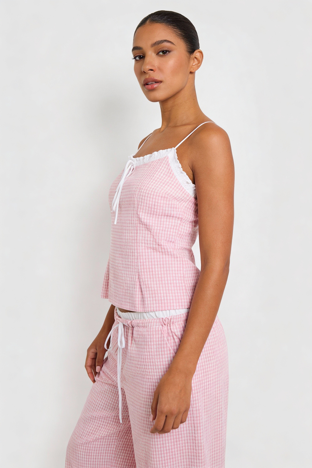 Gingham Lace-Trim Cami & Wide-Leg Pant Set