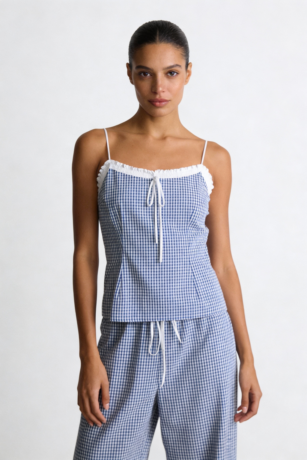 Gingham Lace-Trim Cami & Wide-Leg Pant Set
