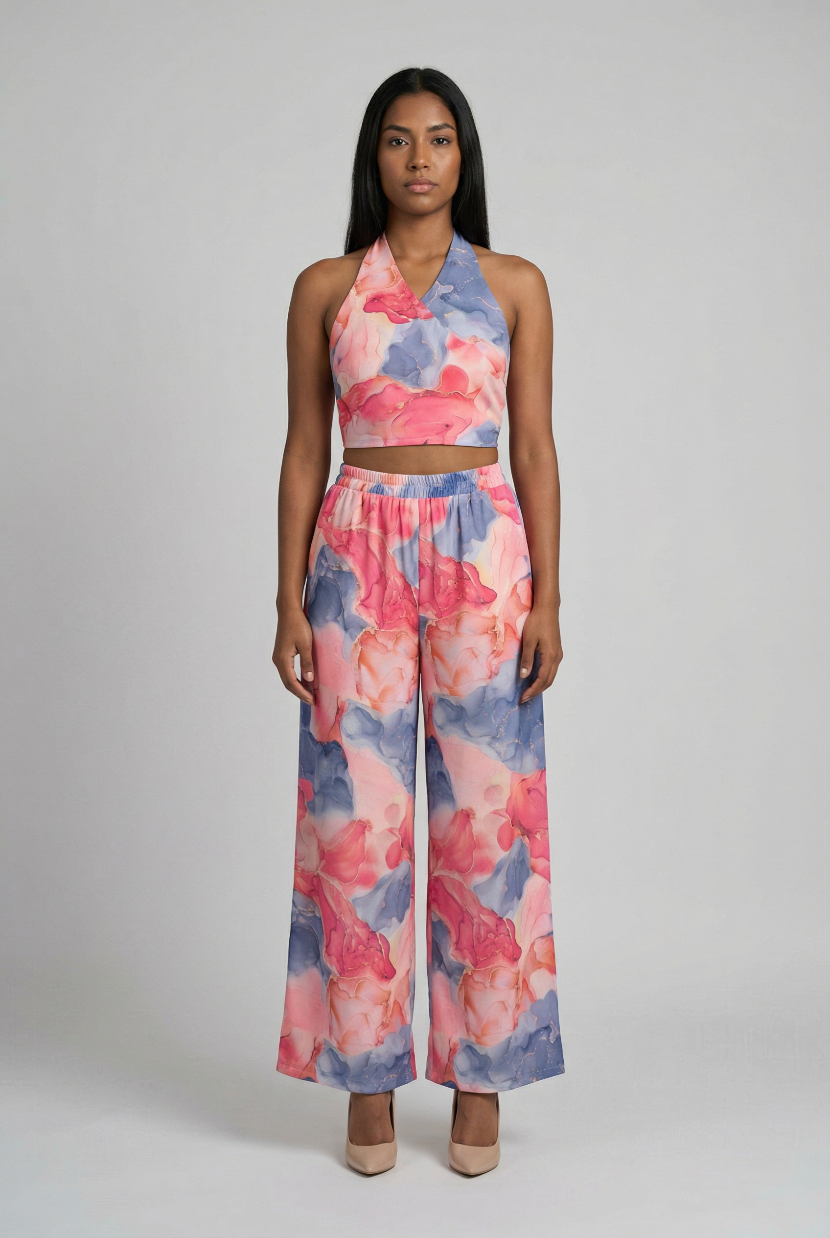 Watercolor Floral Halter & Wide-Leg Pant Set