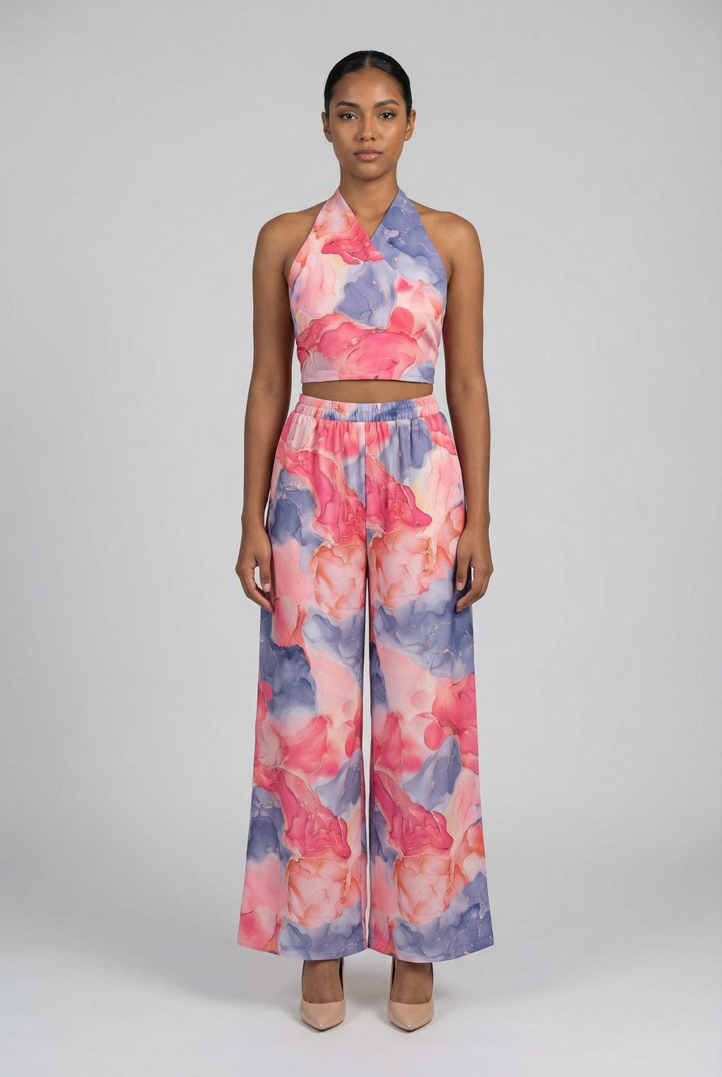 Watercolor Floral Halter & Wide-Leg Pant Set