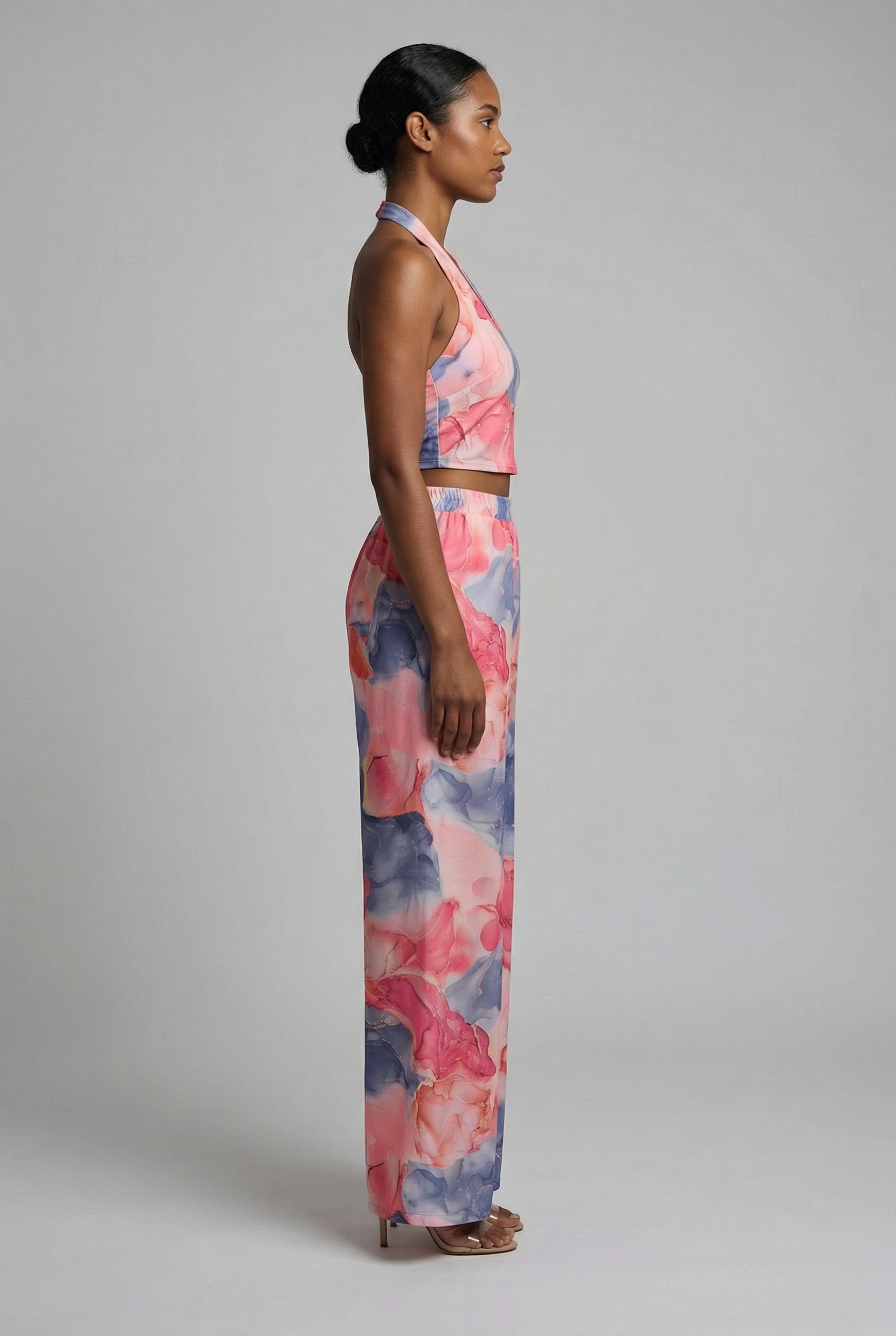 Watercolor Floral Halter & Wide-Leg Pant Set