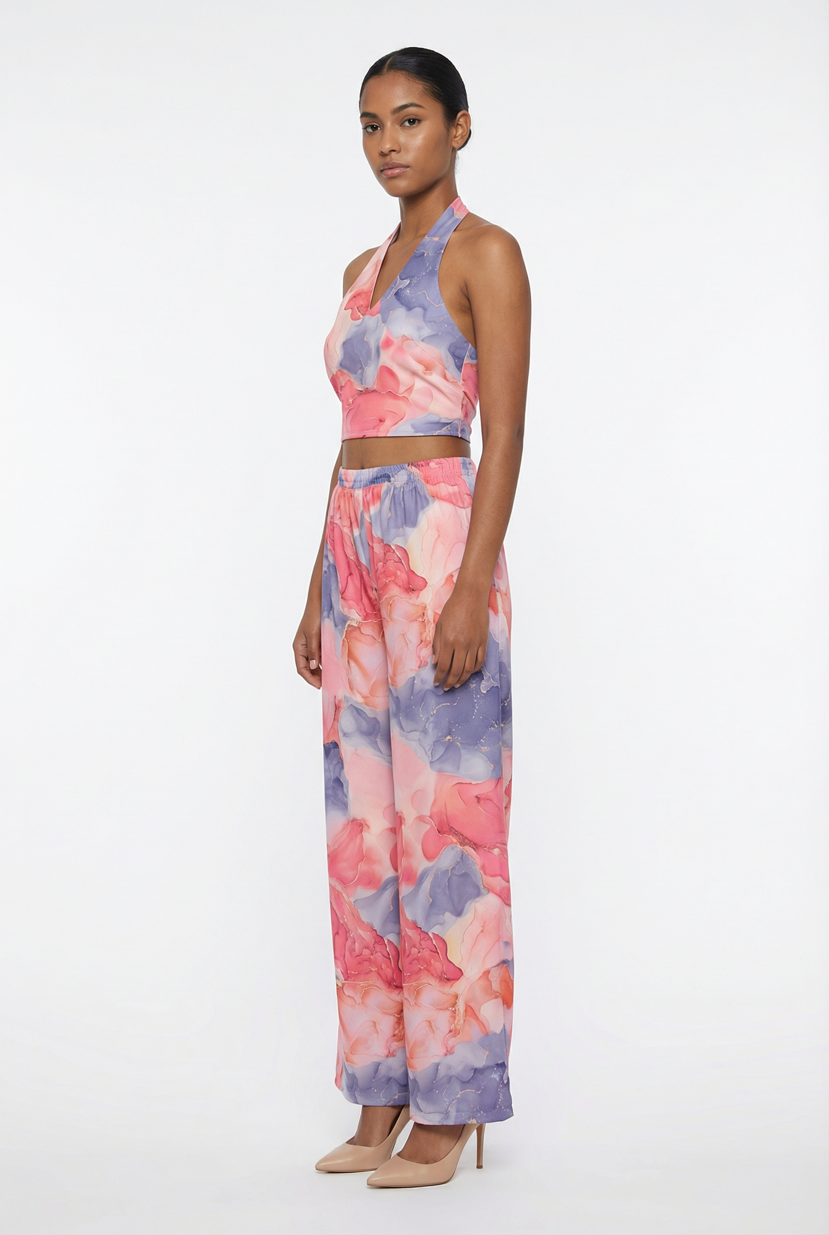 Watercolor Floral Halter & Wide-Leg Pant Set