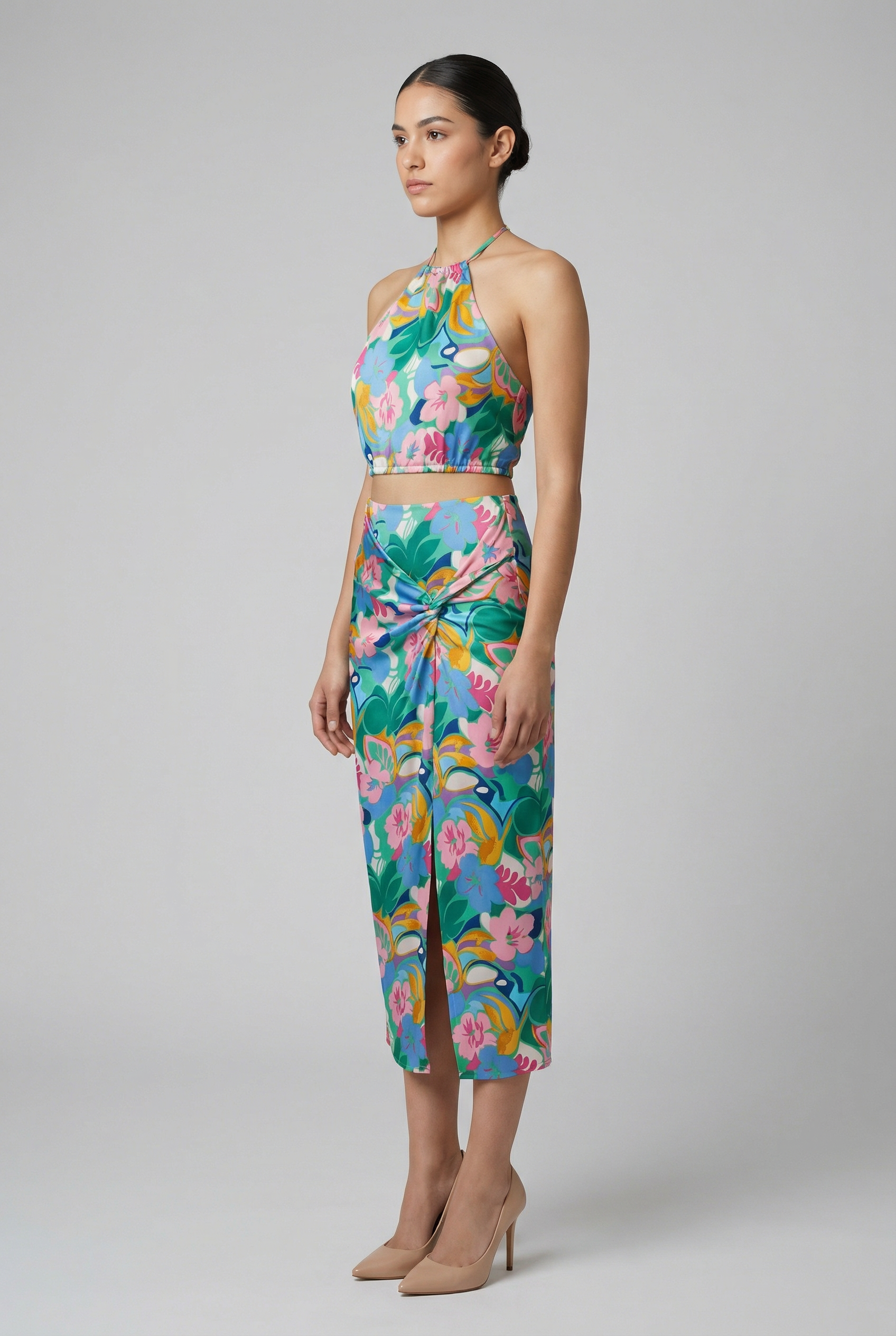 Tropical Floral Halter & Twist-Front Skirt Set