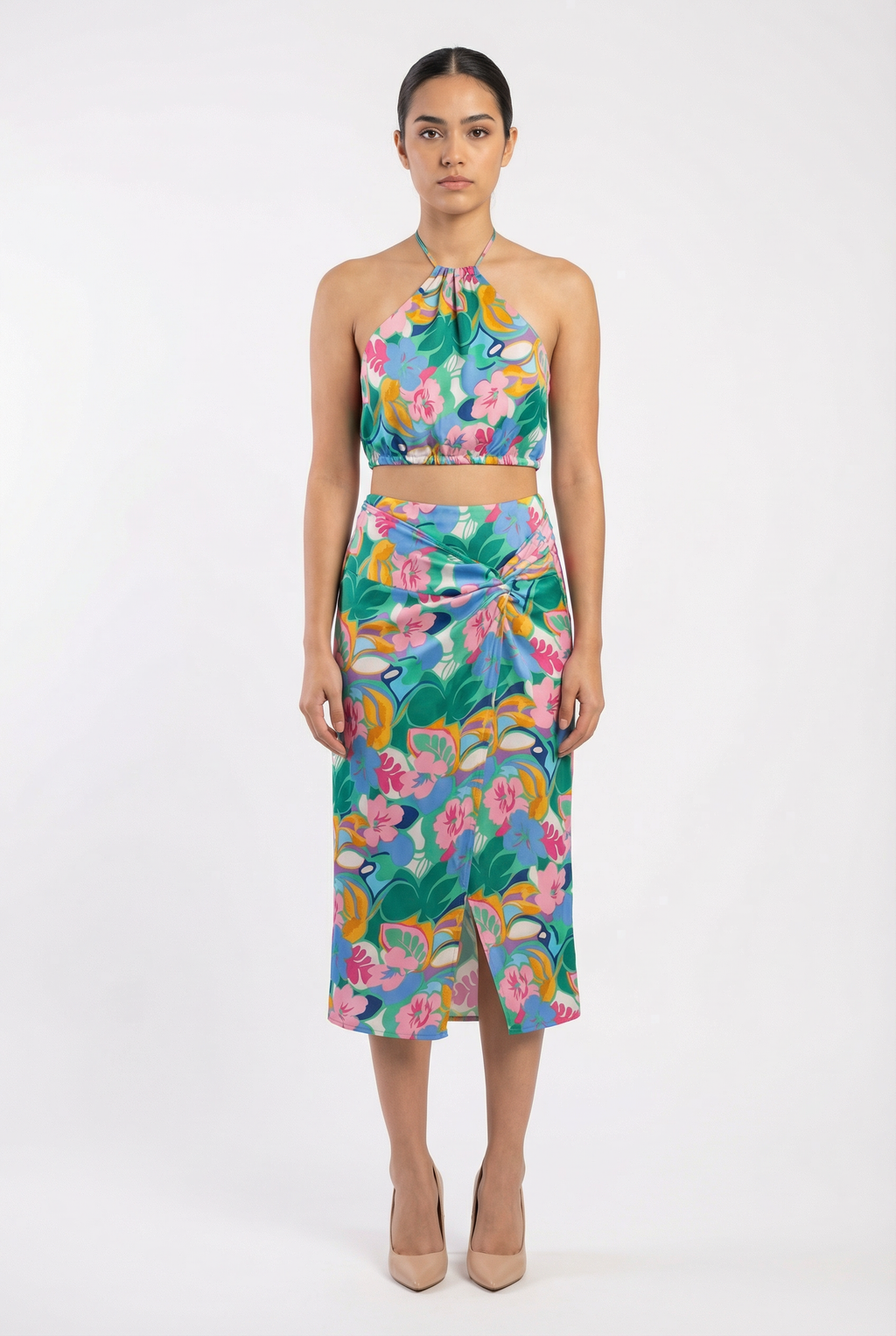 Tropical Floral Halter & Twist-Front Skirt Set