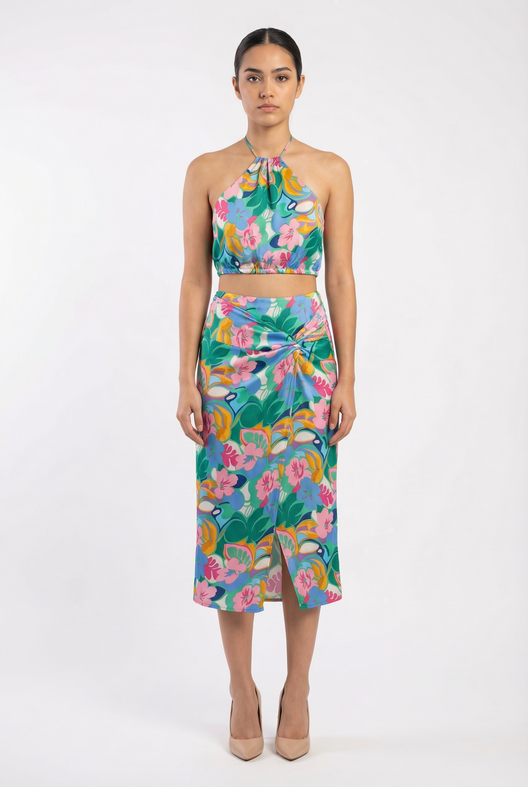 Tropical Floral Halter & Twist-Front Skirt Set