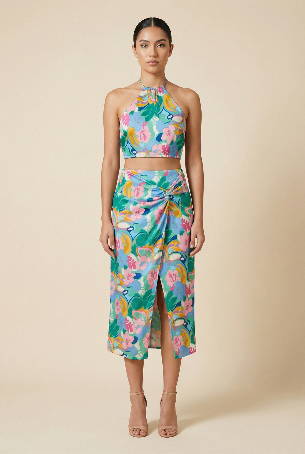 Tropical Floral Halter & Twist-Front Skirt Set