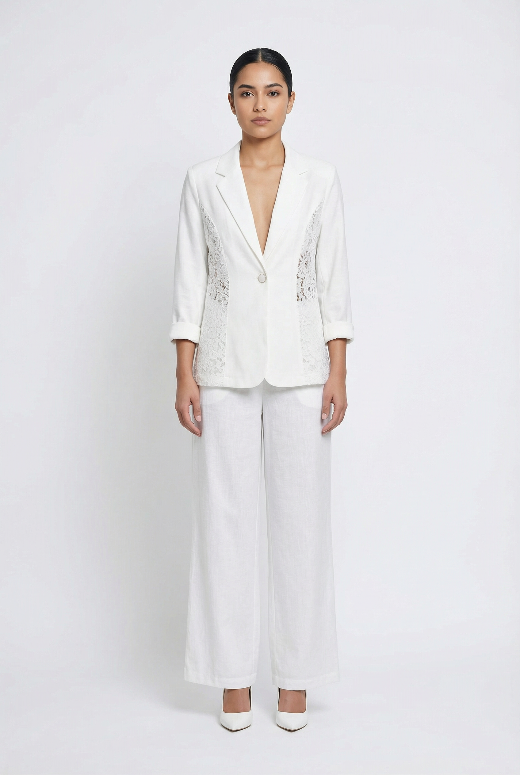 Lace Panel Single-Button Blazer Set