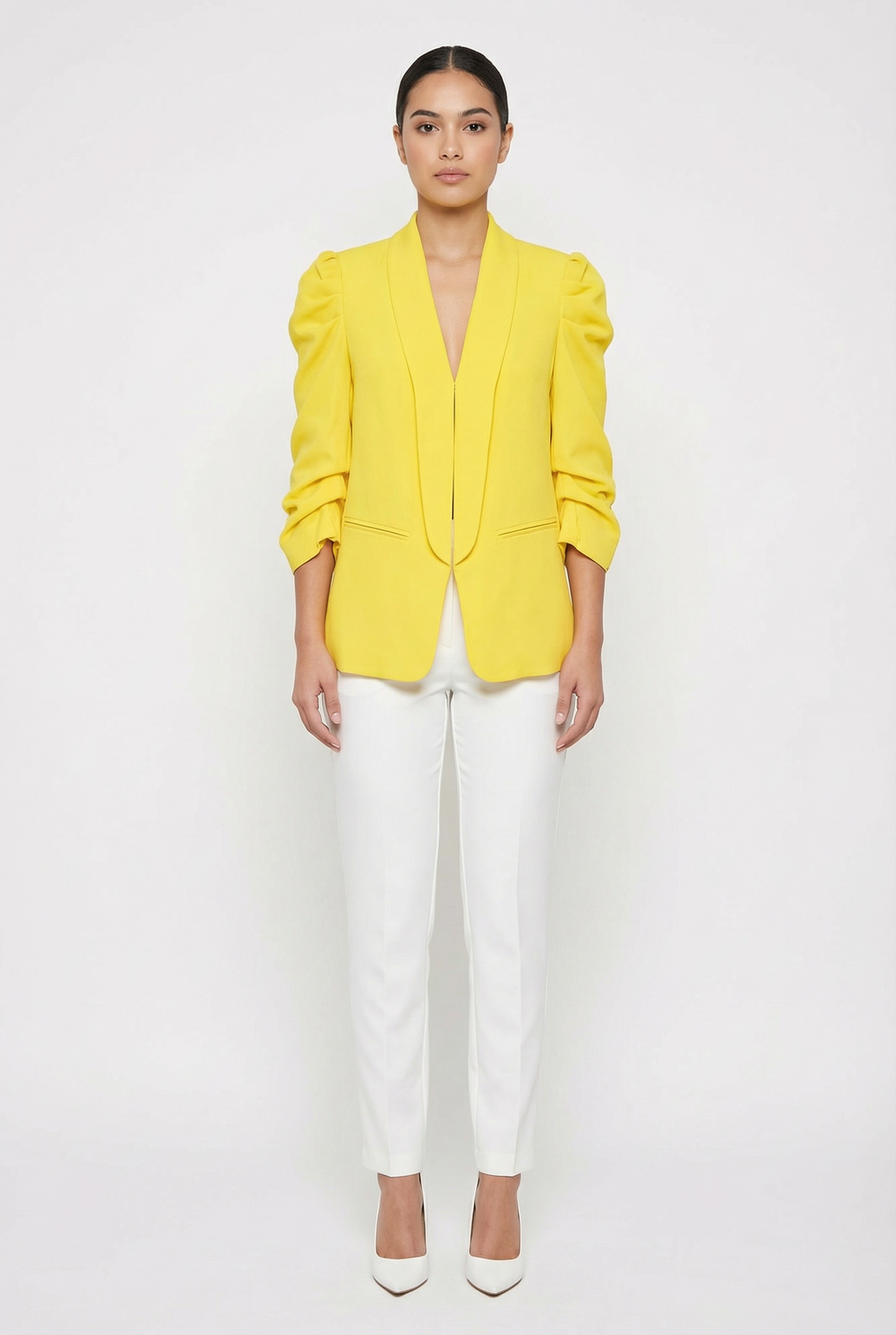 Ruched Puff Sleeve Open-Front Blazer