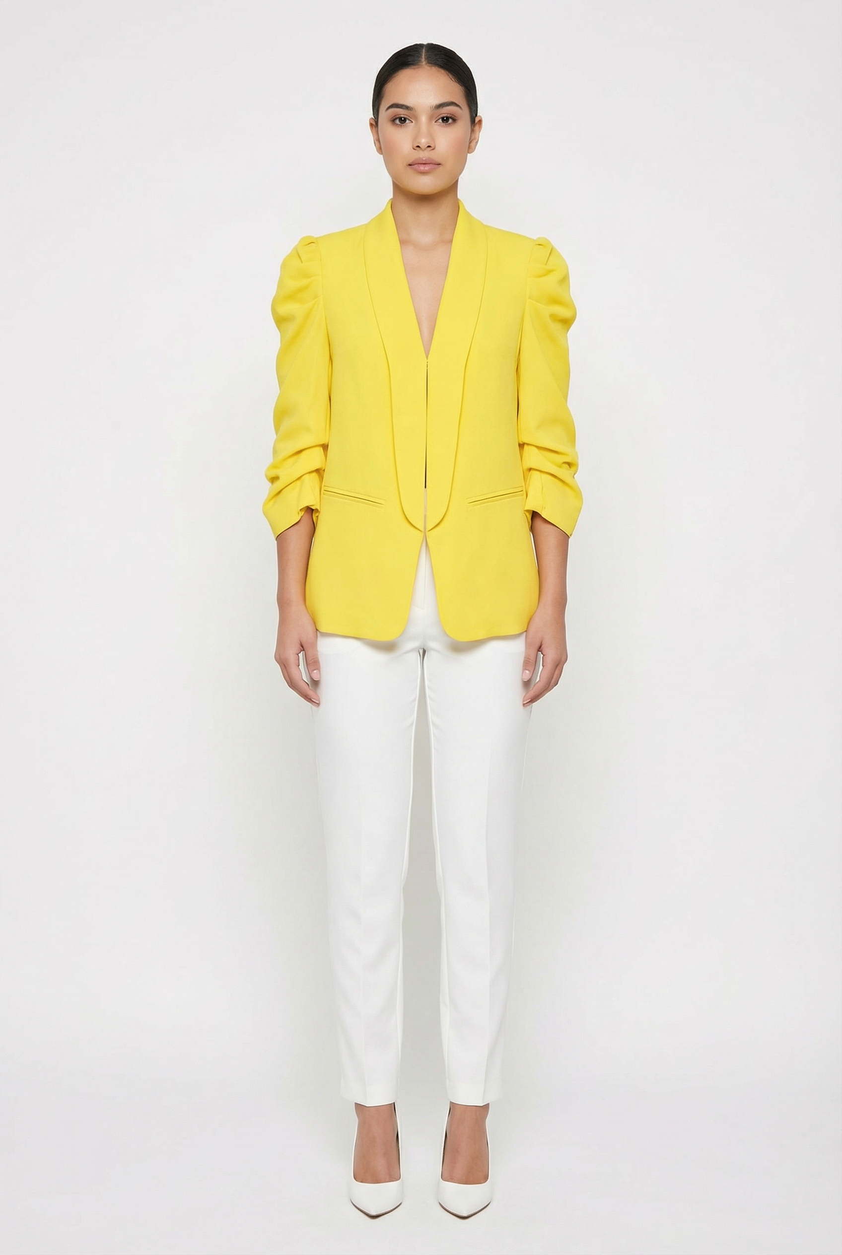 Ruched Puff Sleeve Open-Front Blazer