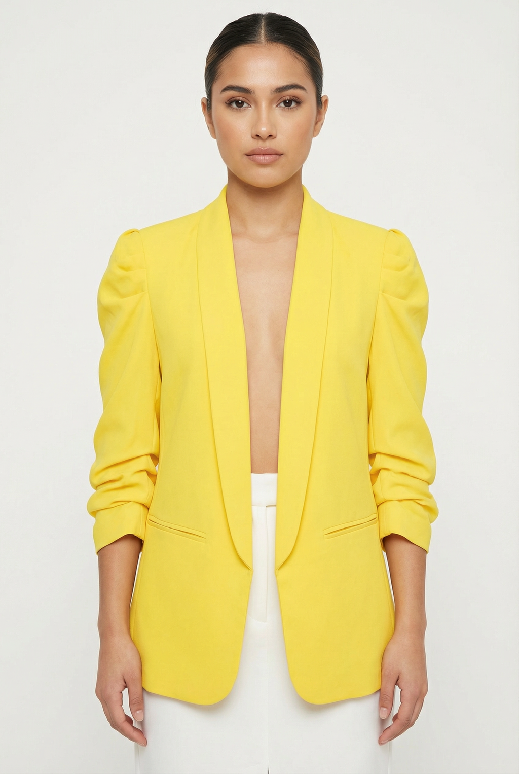 Ruched Puff Sleeve Open-Front Blazer