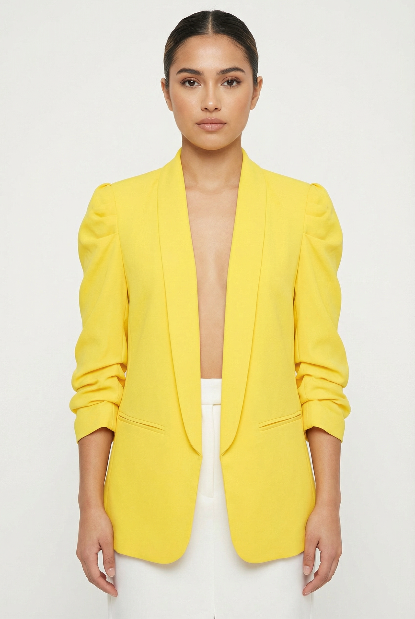 Ruched Puff Sleeve Open-Front Blazer