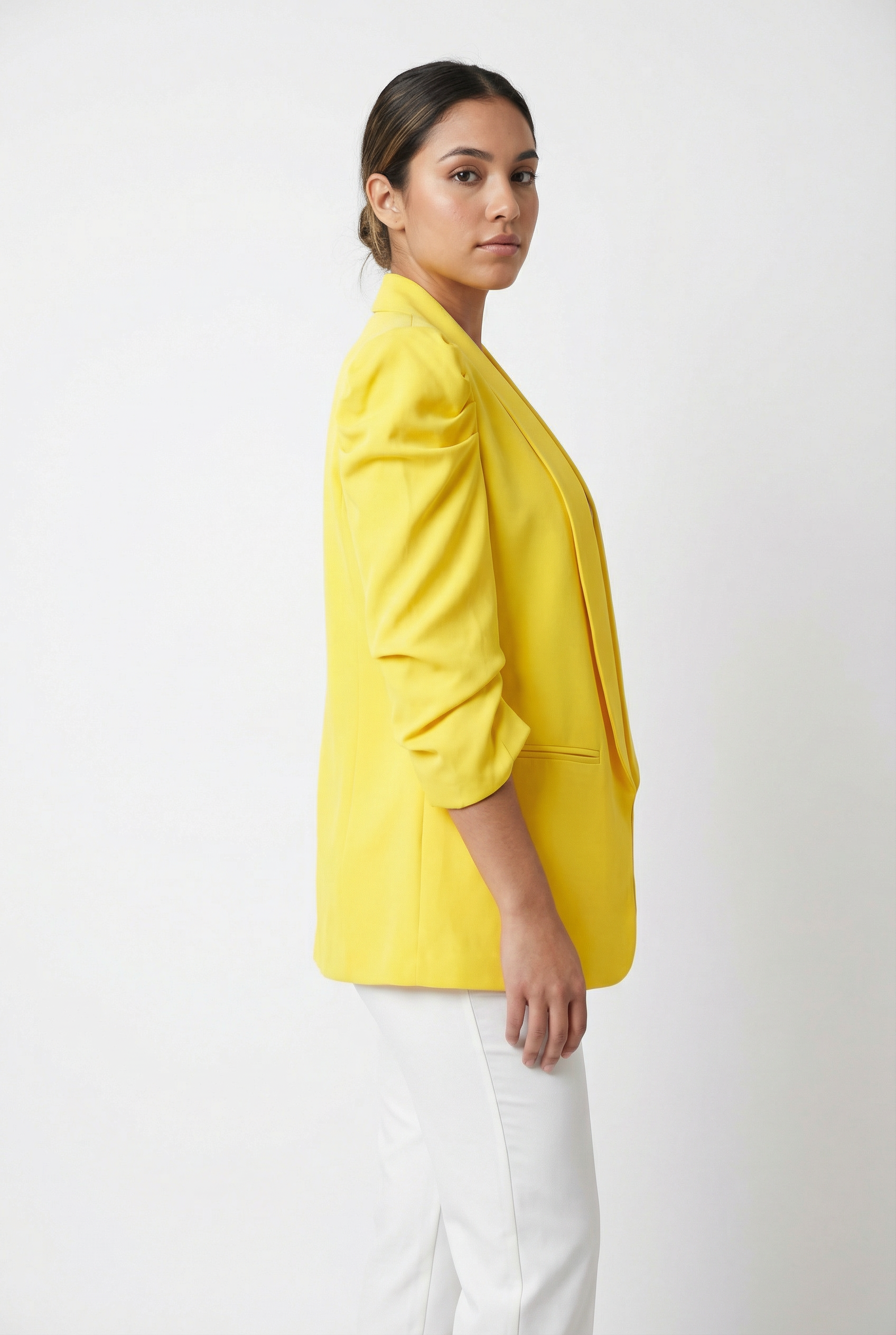 Ruched Puff Sleeve Open-Front Blazer