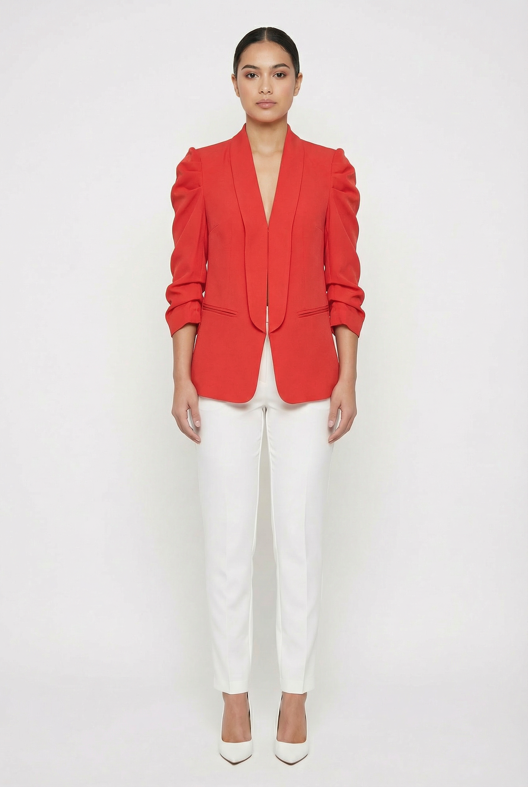 Ruched Puff Sleeve Open-Front Blazer