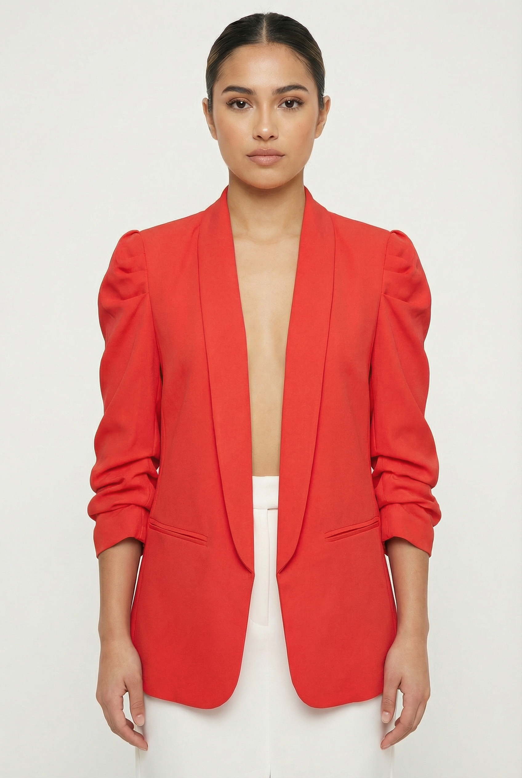 Ruched Puff Sleeve Open-Front Blazer