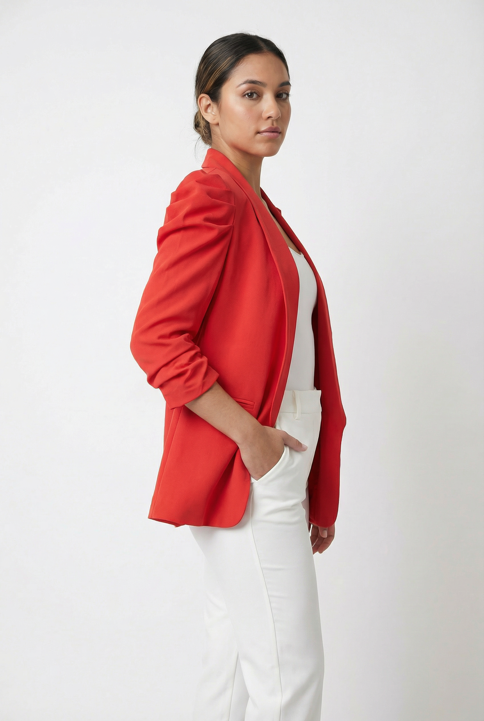 Ruched Puff Sleeve Open-Front Blazer