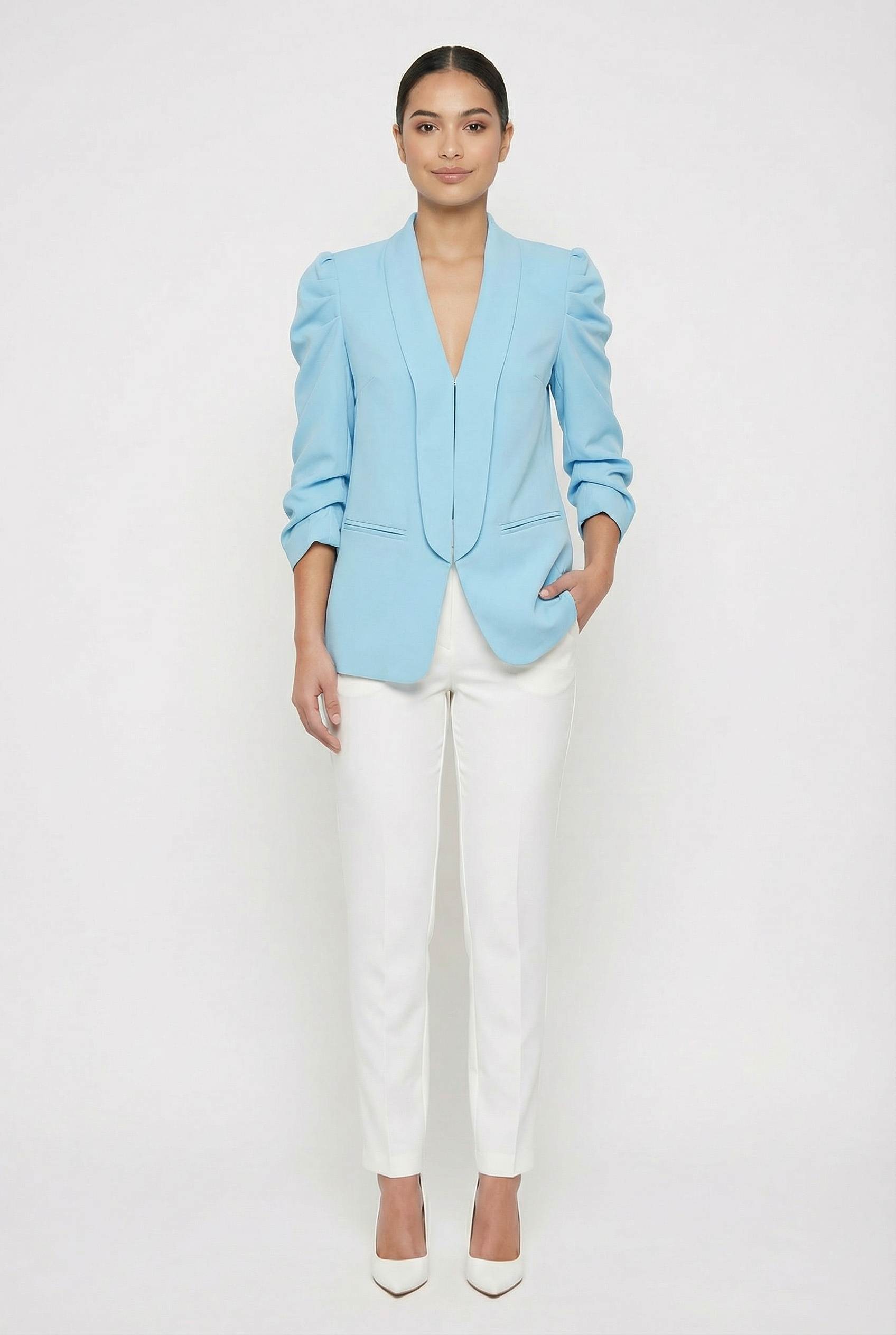 Ruched Puff Sleeve Open-Front Blazer
