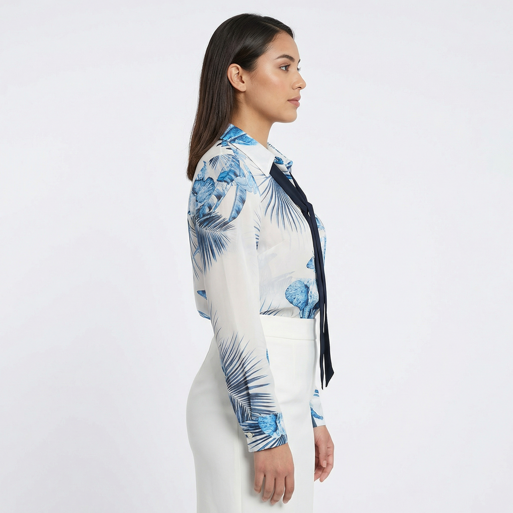 Tropical Print Tie-Neck Blouse
