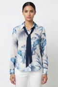 Tropical Print Tie-Neck Blouse