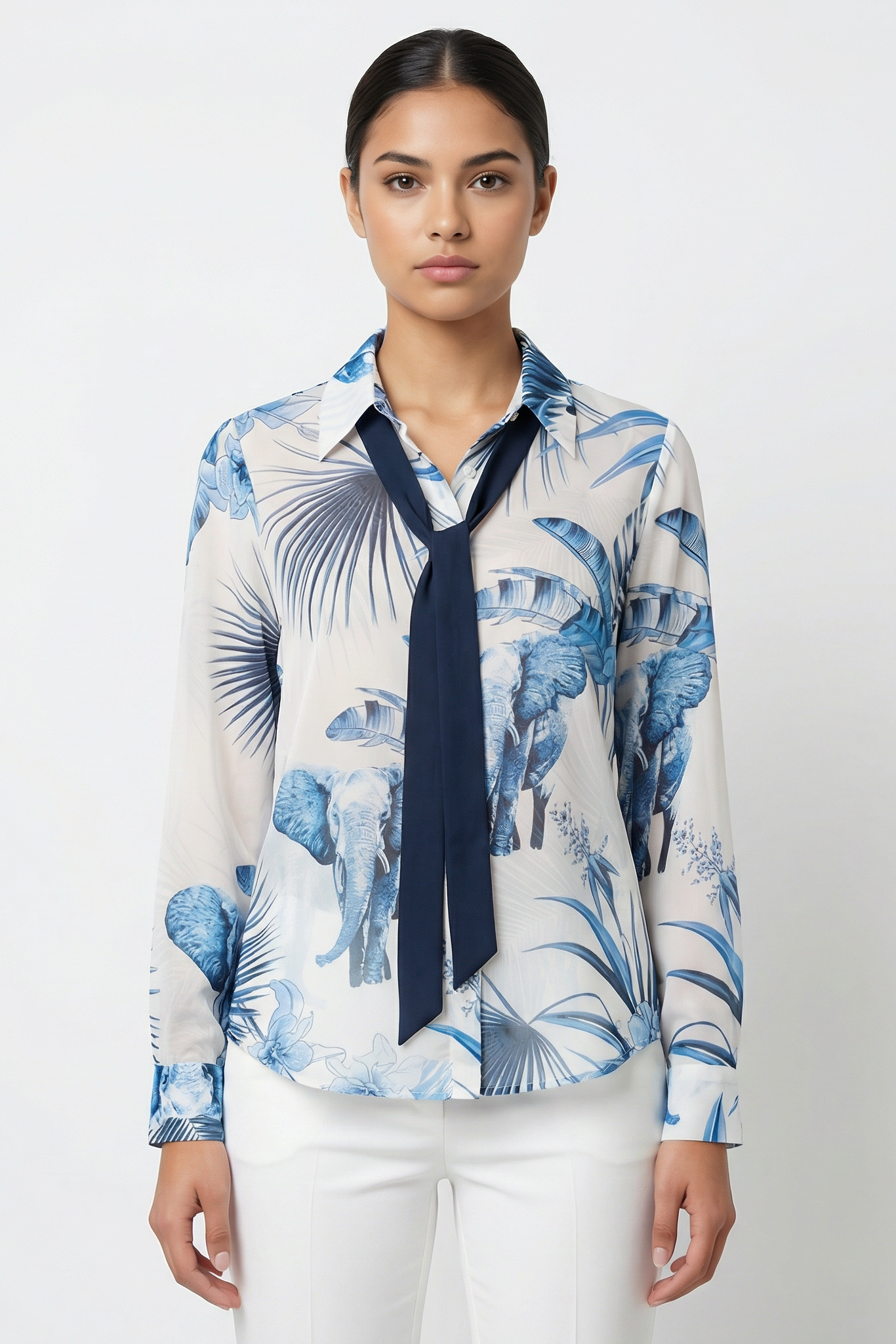 Tropical Print Tie-Neck Blouse