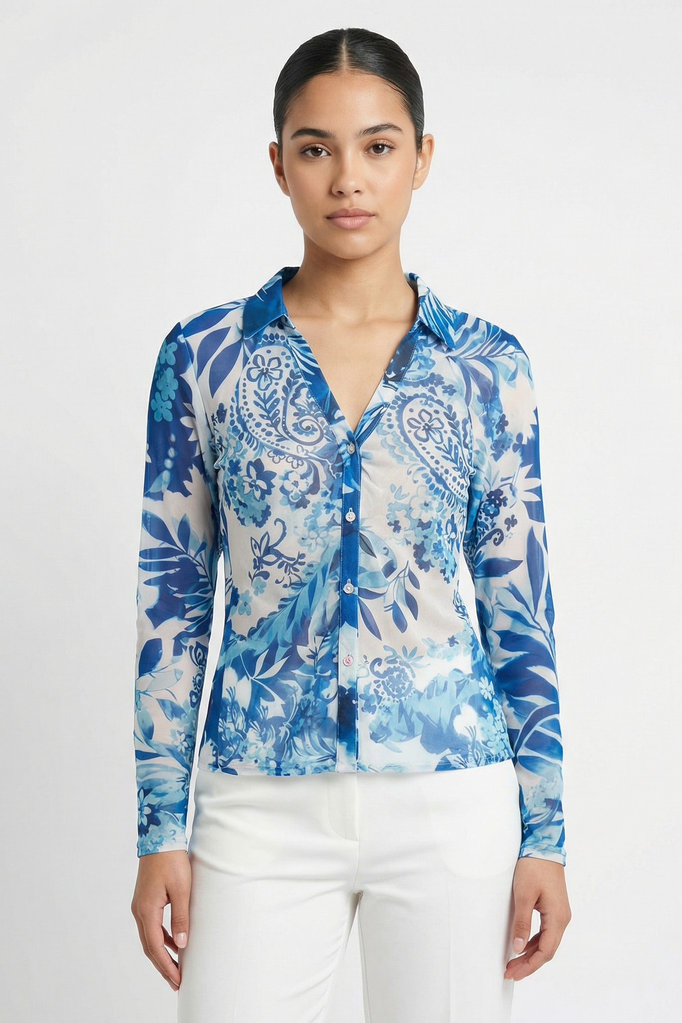 Sheer Paisley Floral Button-Down Shirt