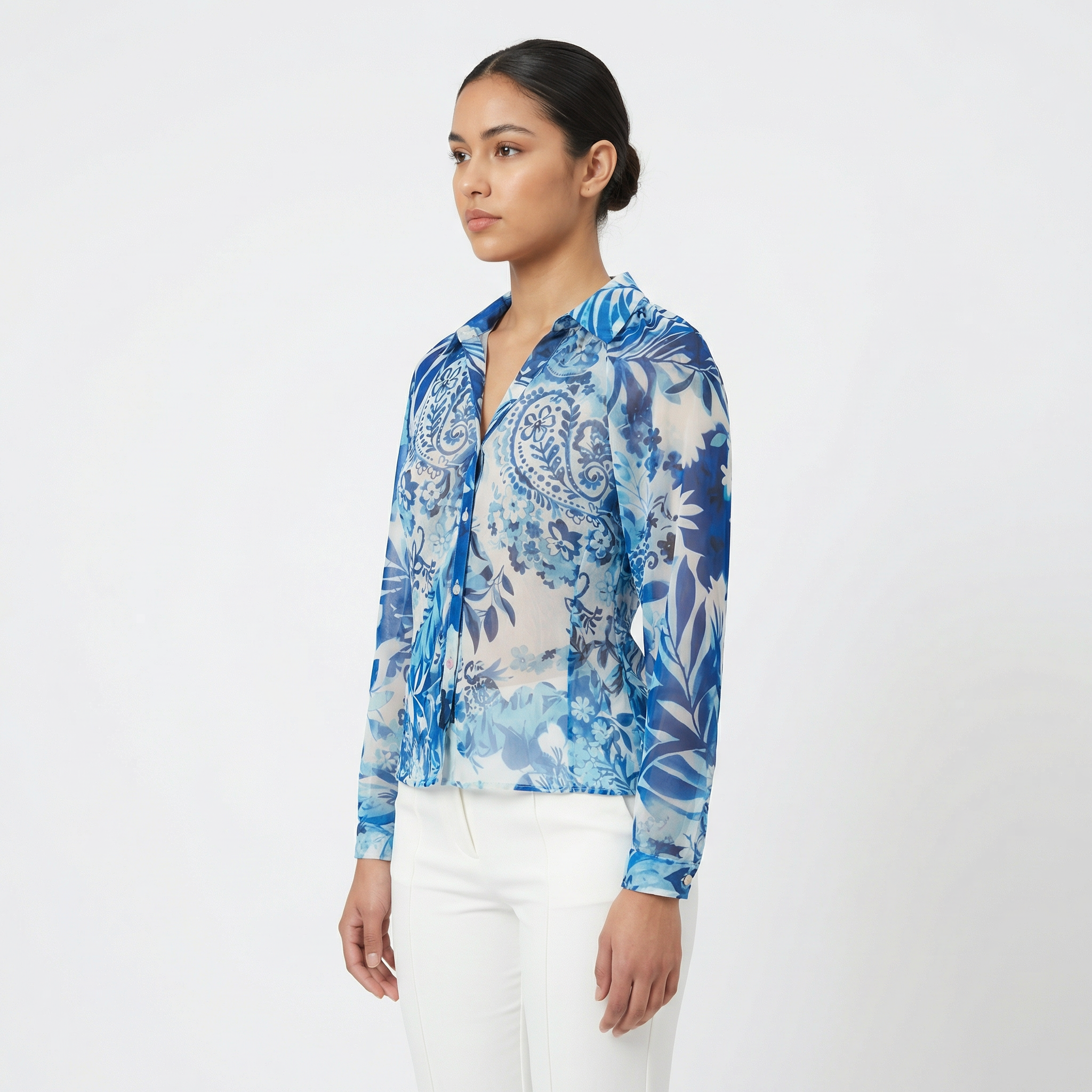 Sheer Paisley Floral Button-Down Shirt