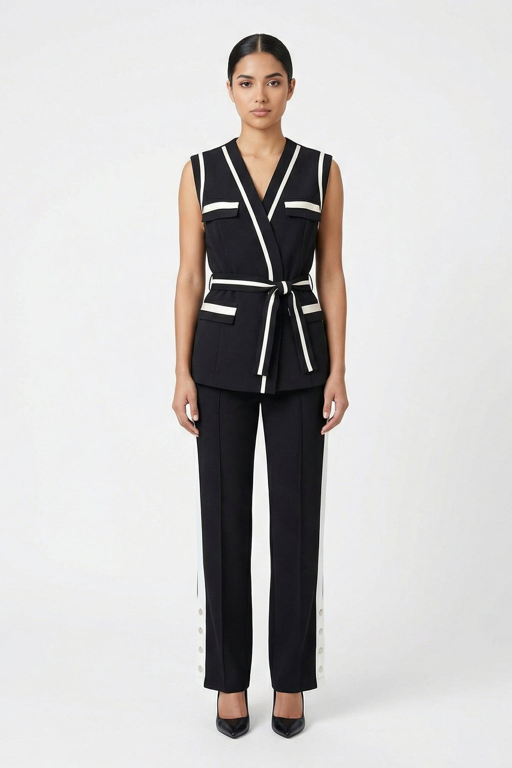 Contrast Trim Belted Vest & Pant Set