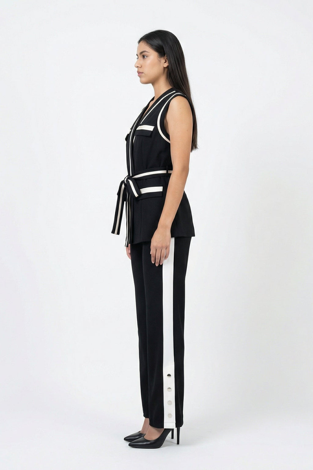 Contrast Trim Belted Vest & Pant Set