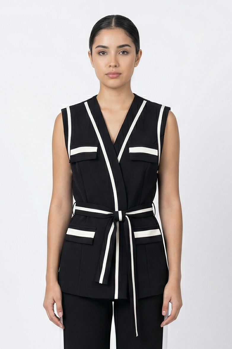 Contrast Trim Belted Vest & Pant Set